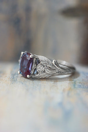 Oval alexandrite ring with diamonds, leaf engagement ring / Wisteria - Eden Garden Jewelry™