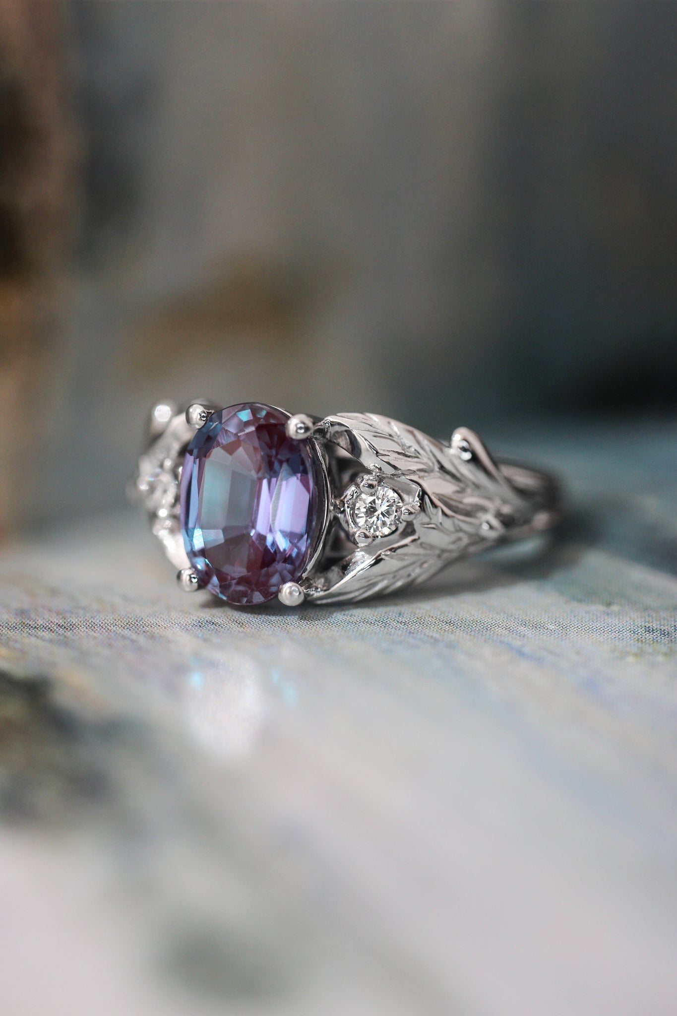 Oval alexandrite ring with diamonds, leaf engagement ring / Wisteria - Eden Garden Jewelry™