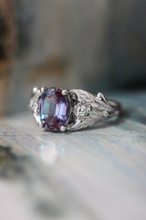 Oval alexandrite ring with diamonds, leaf engagement ring / Wisteria - Eden Garden Jewelry™