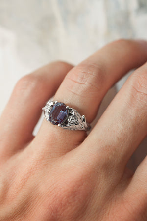 Oval alexandrite ring with diamonds, leaf engagement ring / Wisteria - Eden Garden Jewelry™