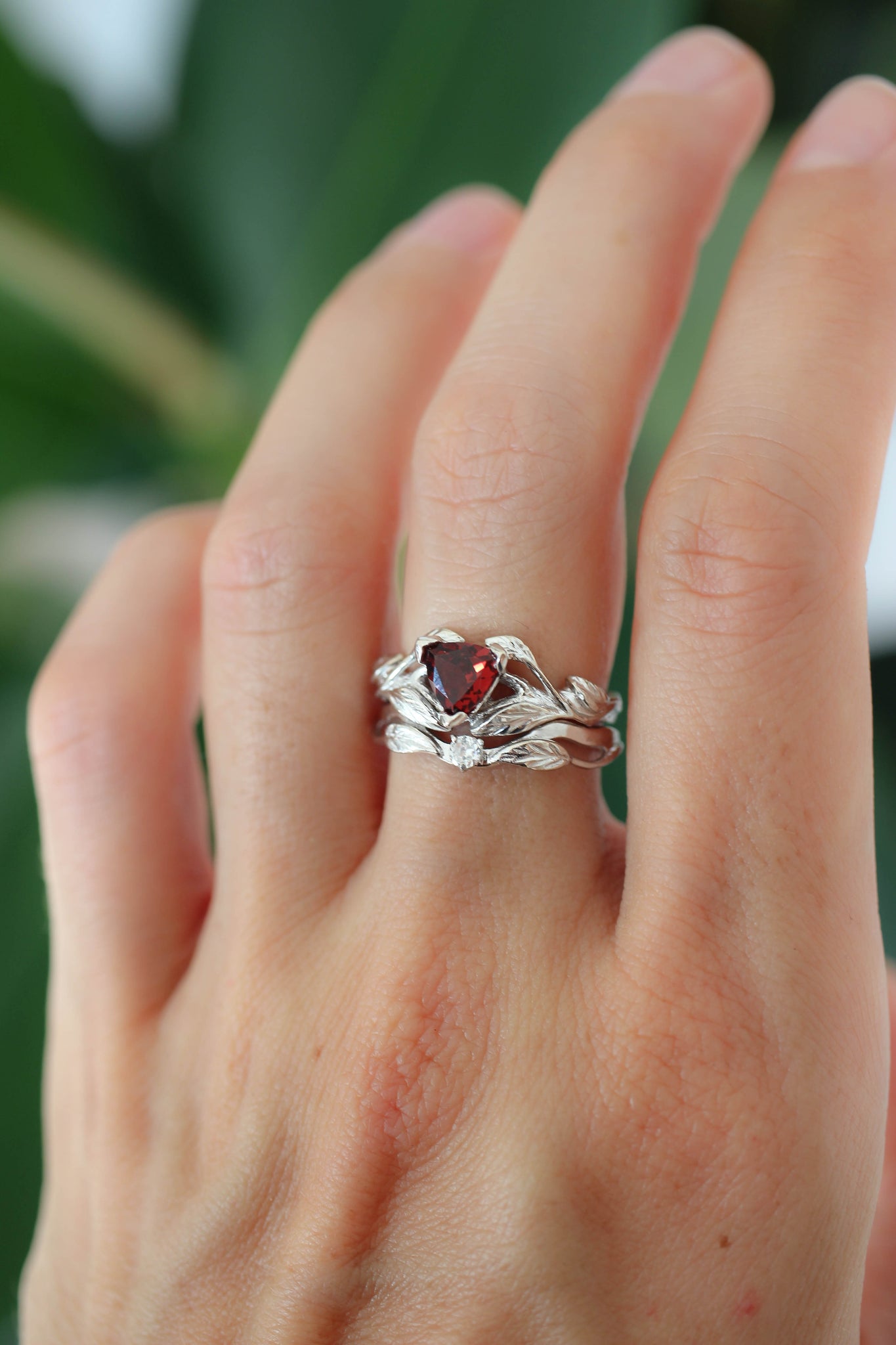 Trillion cut red garnet branch ring / Clematis - Eden Garden Jewelry™