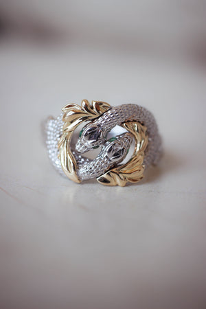 Ring of Barahir in two tone gold, snakes ring with emeralds - Eden Garden Jewelry™