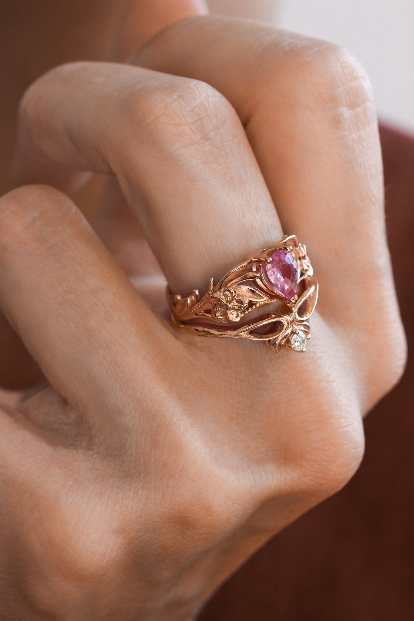 Pink sapphire bridal ring set, art nouveau ring / Eloise - Eden Garden Jewelry™