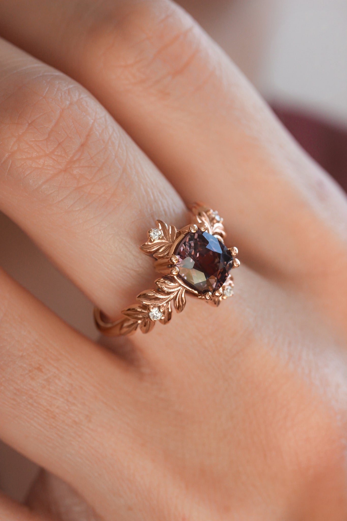 Purple spinel ring with diamonds, leaf engagement ring - Eden Garden Jewelry™