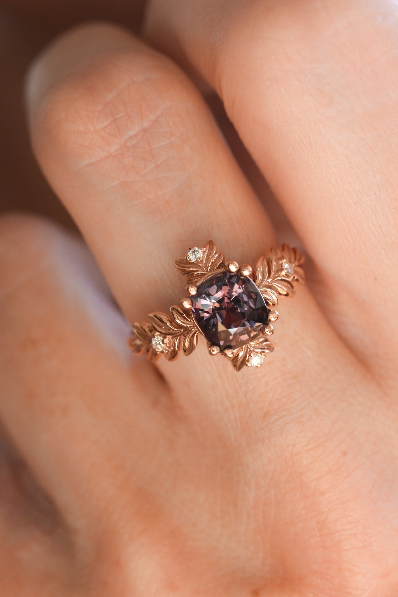 Purple spinel ring with diamonds, leaf engagement ring - Eden Garden Jewelry™