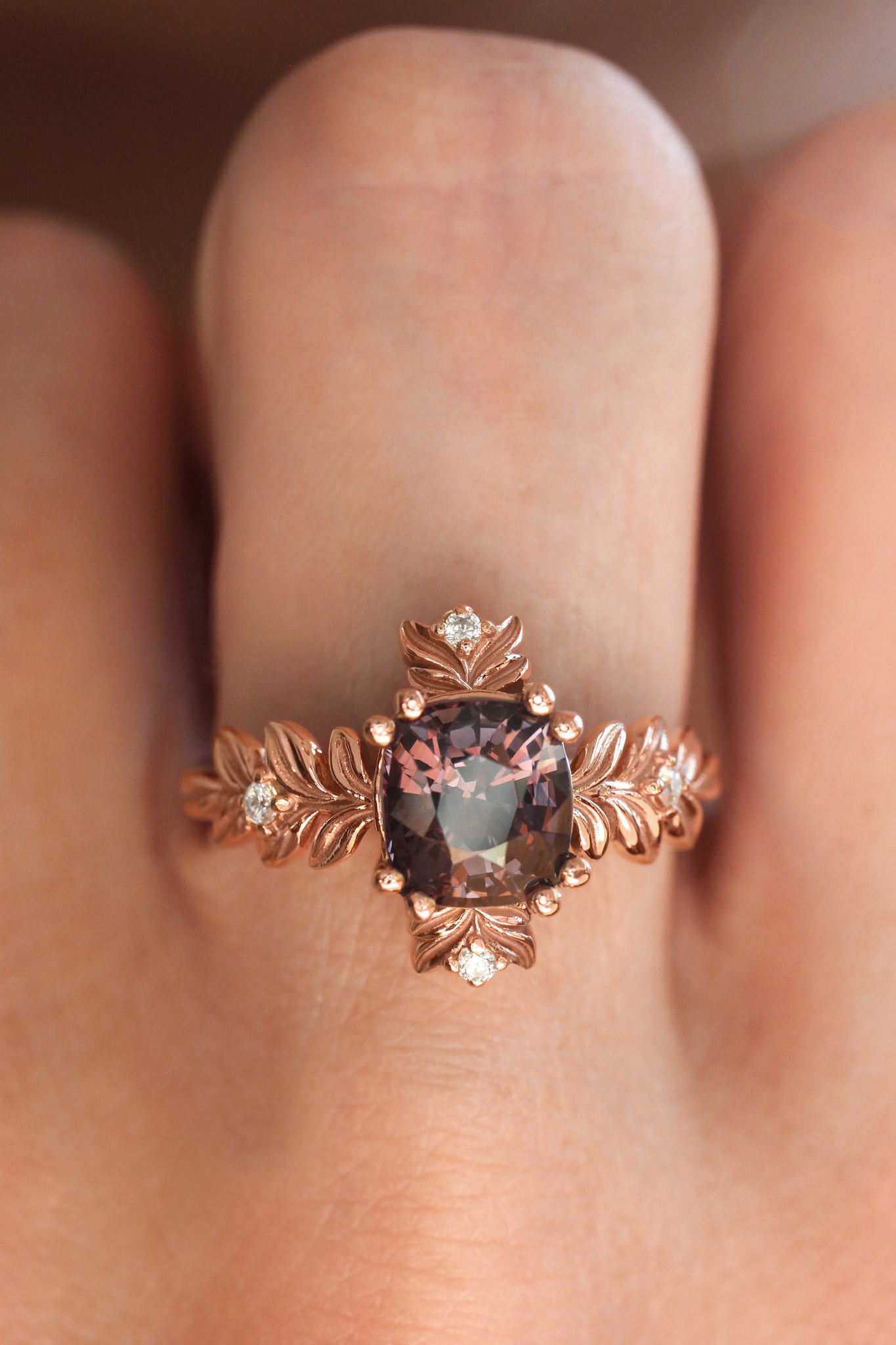 Purple spinel ring with diamonds, leaf engagement ring - Eden Garden Jewelry™