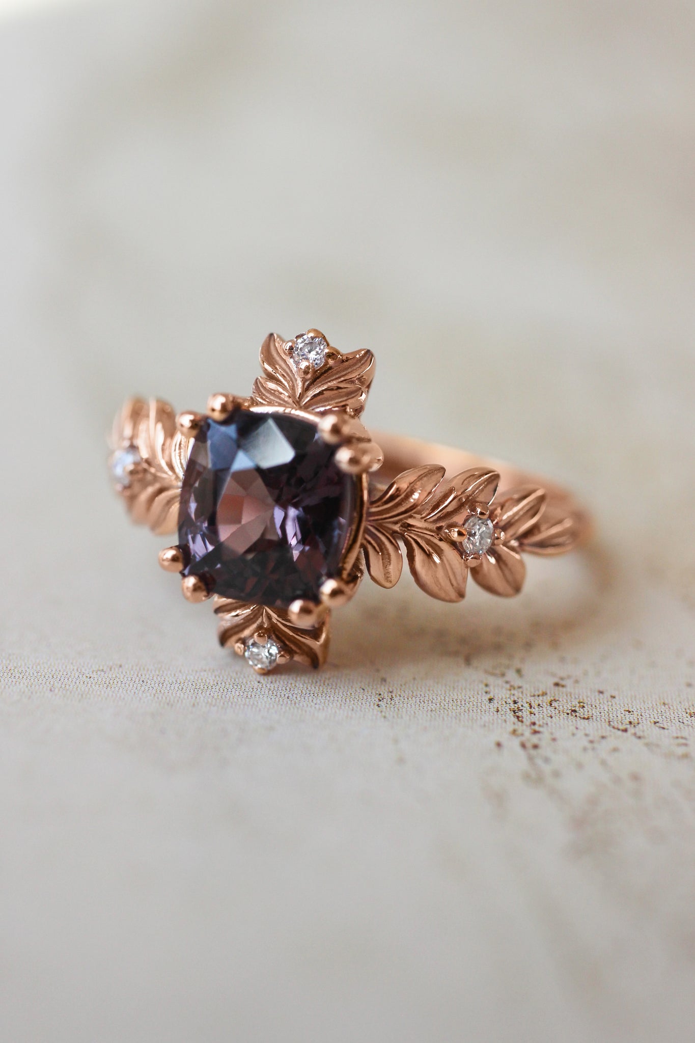 Purple spinel ring with diamonds, leaf engagement ring - Eden Garden Jewelry™