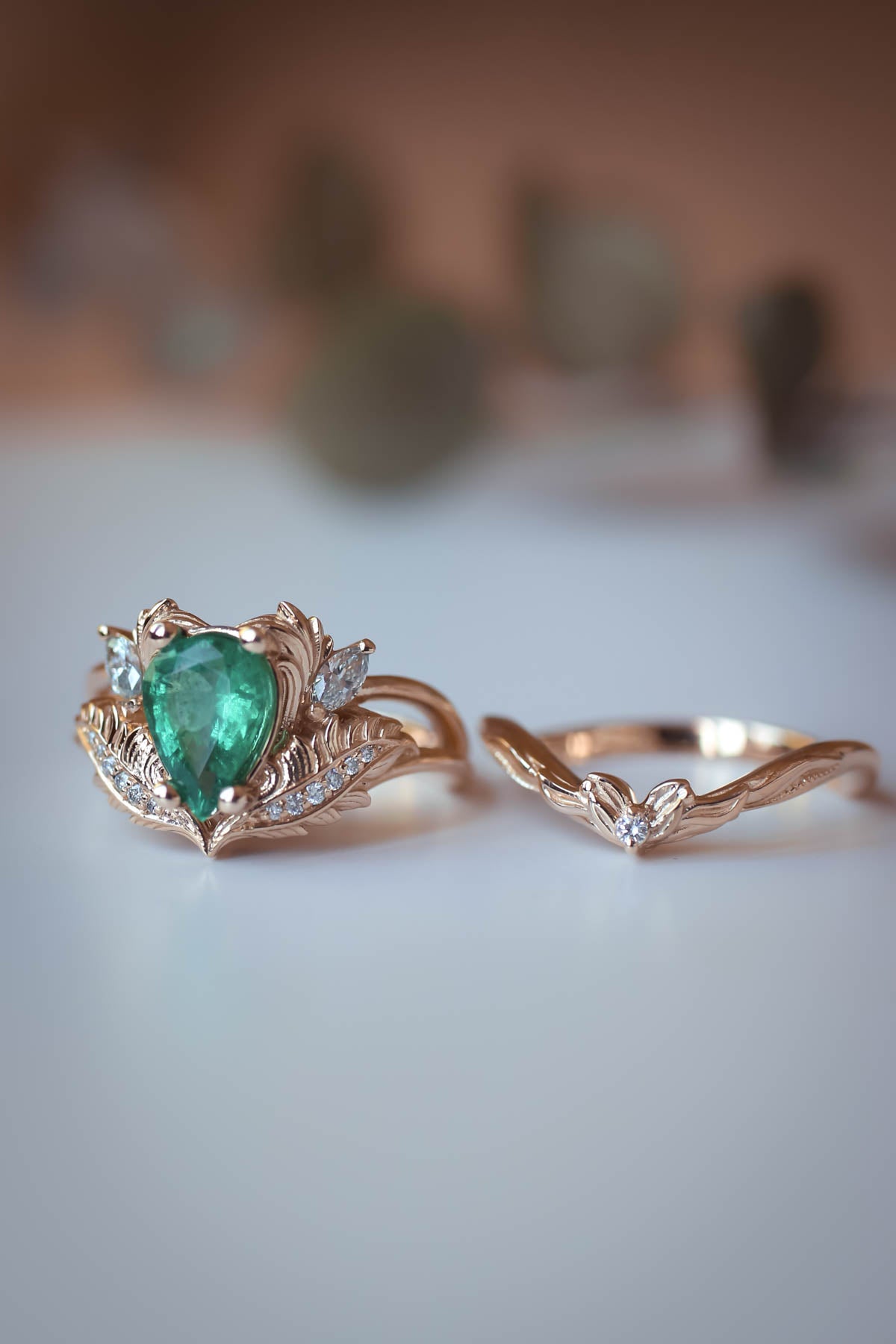 Pear shaped emerald engagement ring set / Adonis - Eden Garden Jewelry™