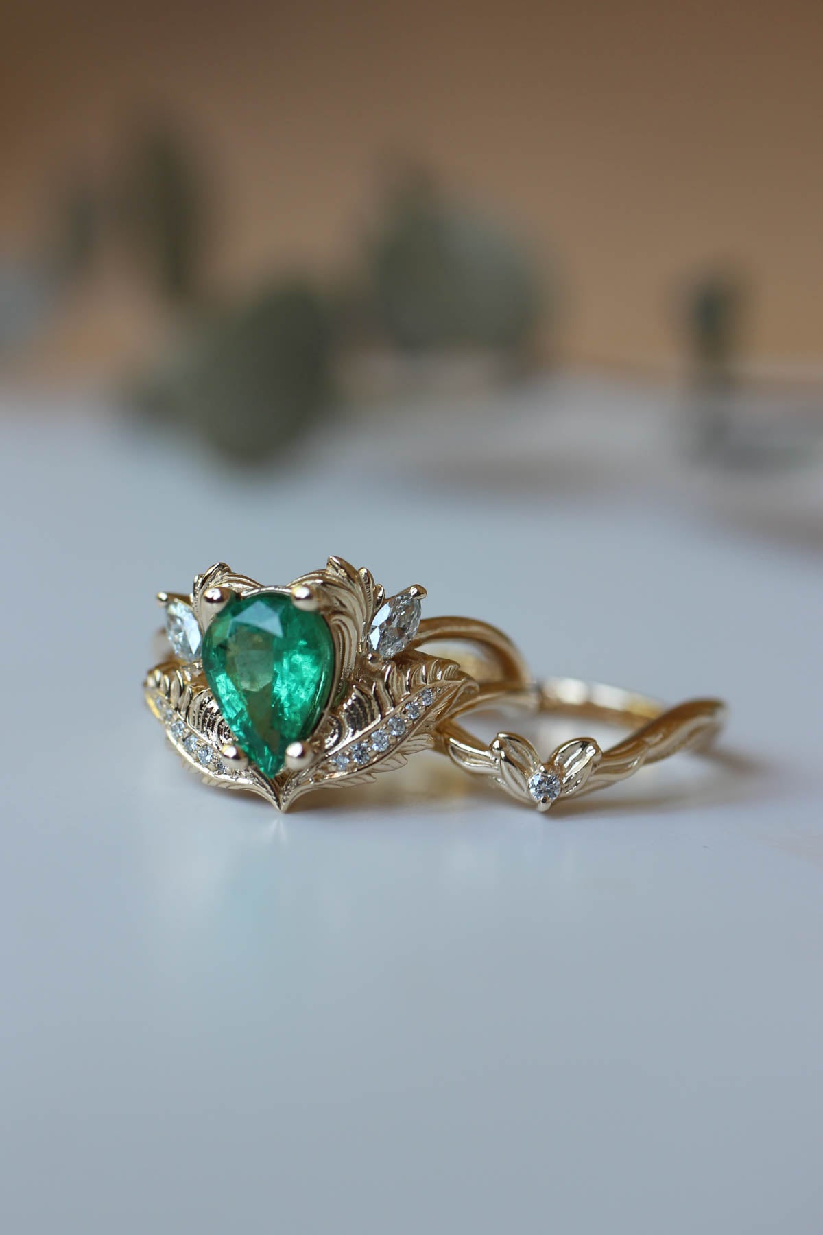 Pear shaped emerald engagement ring set / Adonis - Eden Garden Jewelry™