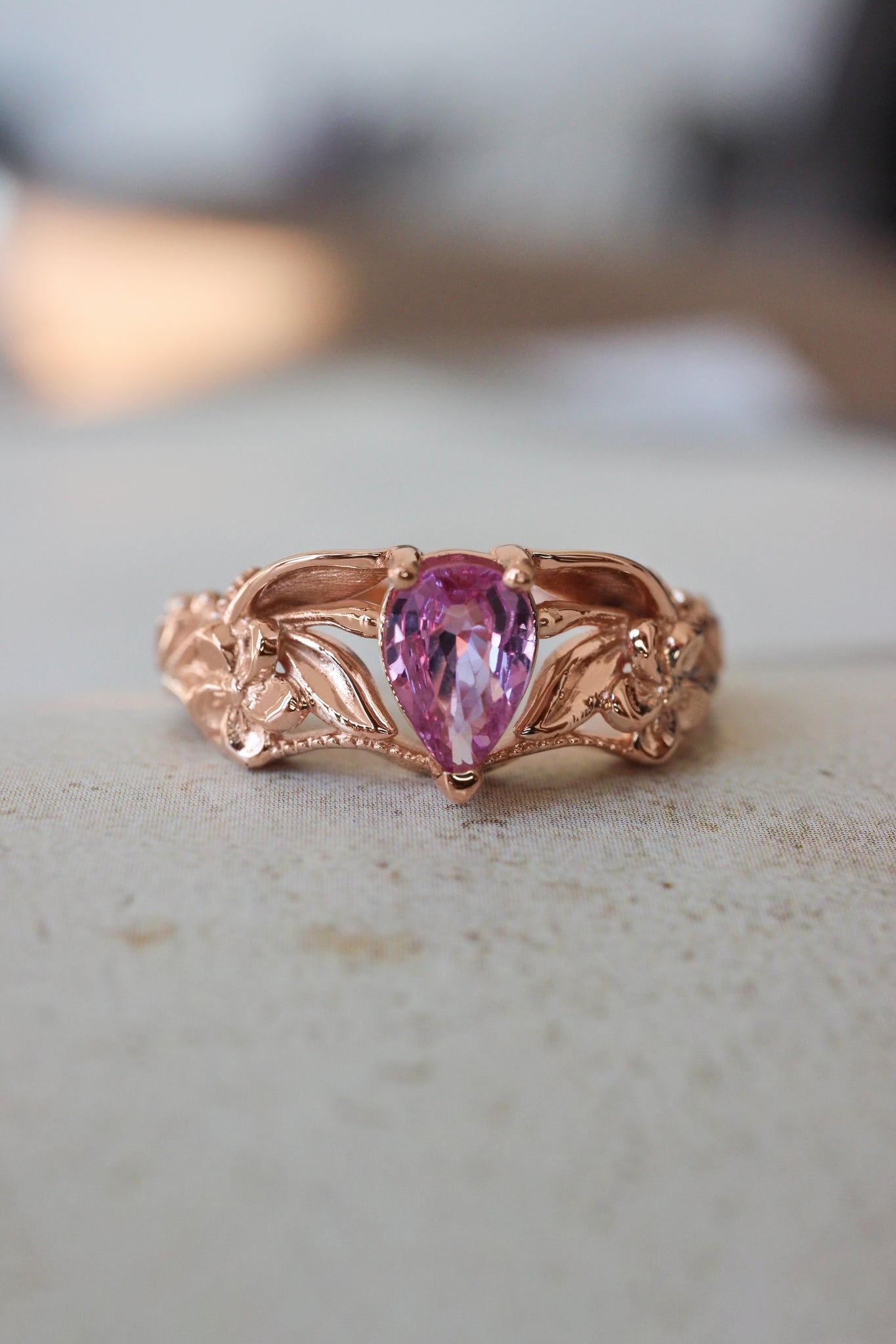 Pink sapphire bridal ring set, art nouveau ring / Eloise - Eden Garden Jewelry™