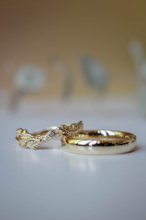 Wedding rings set for couples: classic band for him, branch band with diamonds for her - Eden Garden Jewelry™