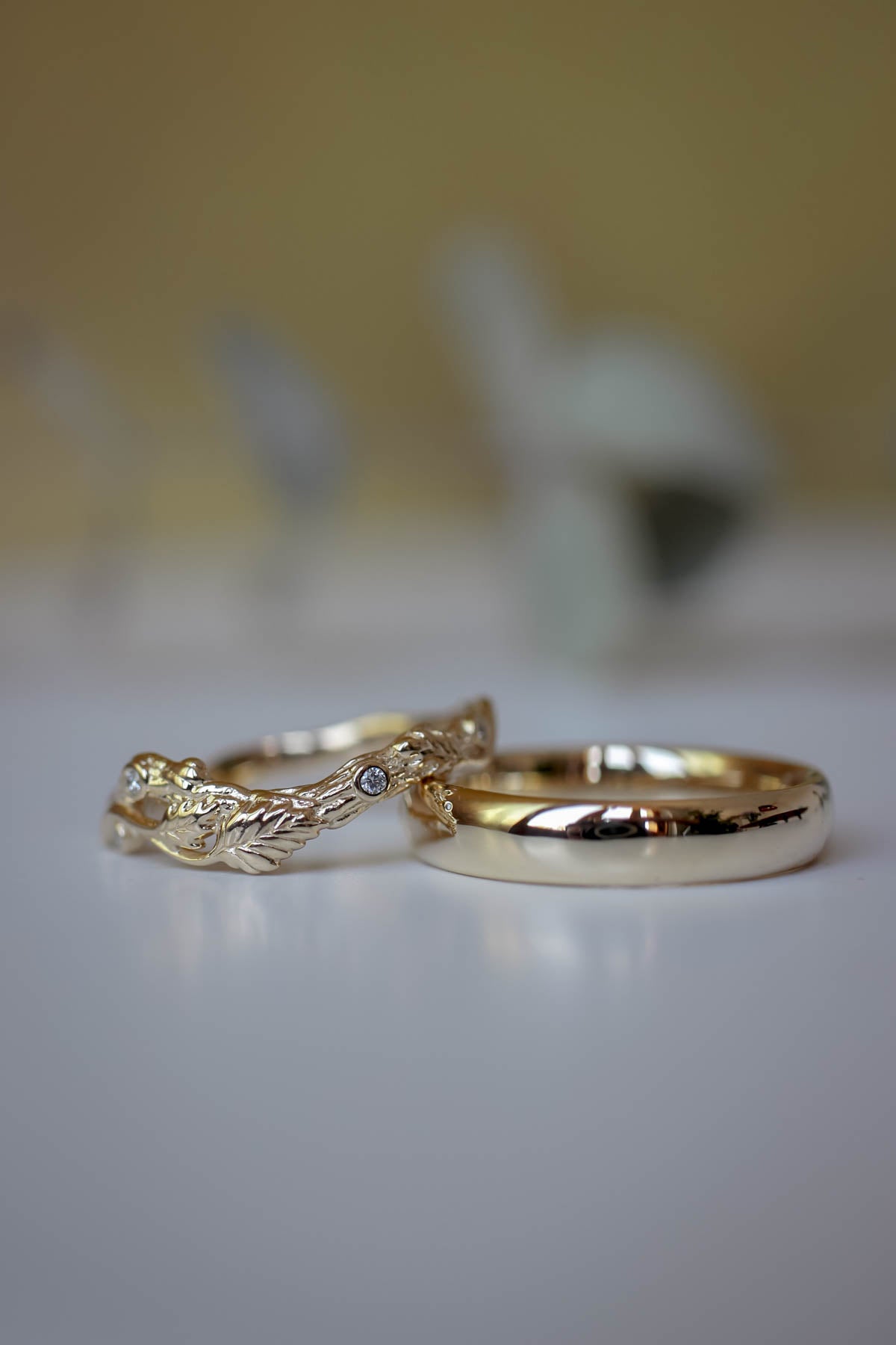 Wedding rings set for couples: classic band for him, branch band with diamonds for her - Eden Garden Jewelry™