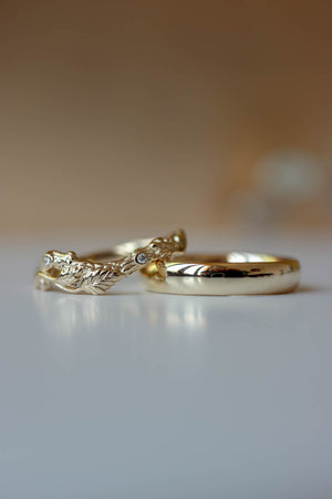 Wedding rings set for couples: classic band for him, branch band with diamonds for her - Eden Garden Jewelry™