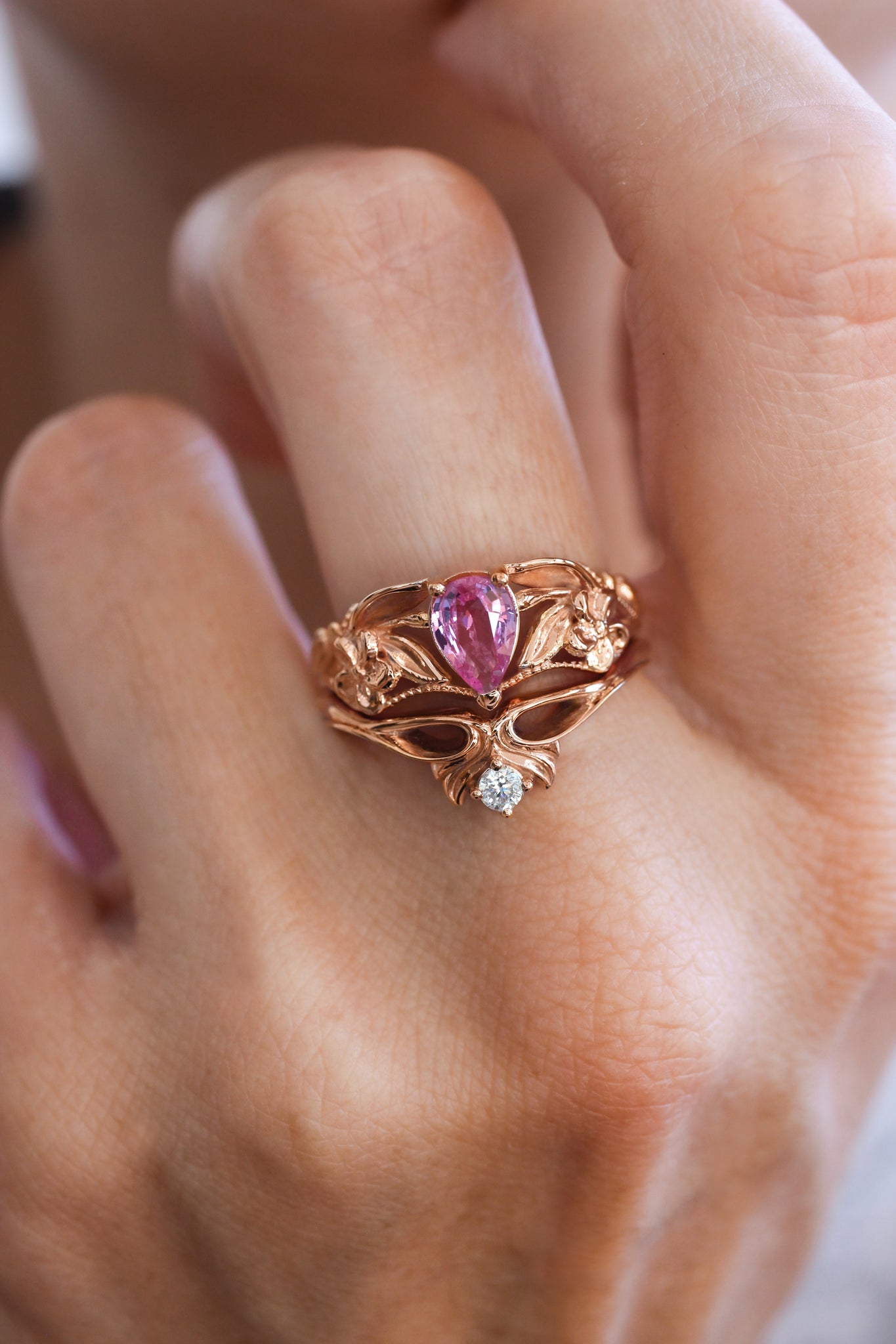 Pink sapphire engagement ring, art nouveau ring / Eloise - Eden Garden Jewelry™