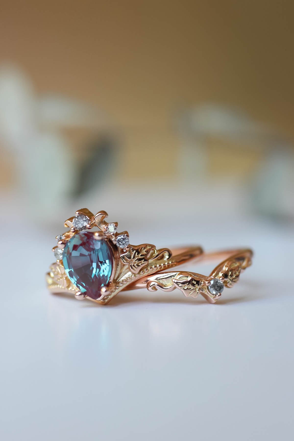 Alexandrite engagement ring set, salt and pepper diamond tiara ring / Ariadne - Eden Garden Jewelry™