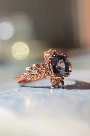 Purple spinel ring with diamonds, leaf engagement ring - Eden Garden Jewelry™