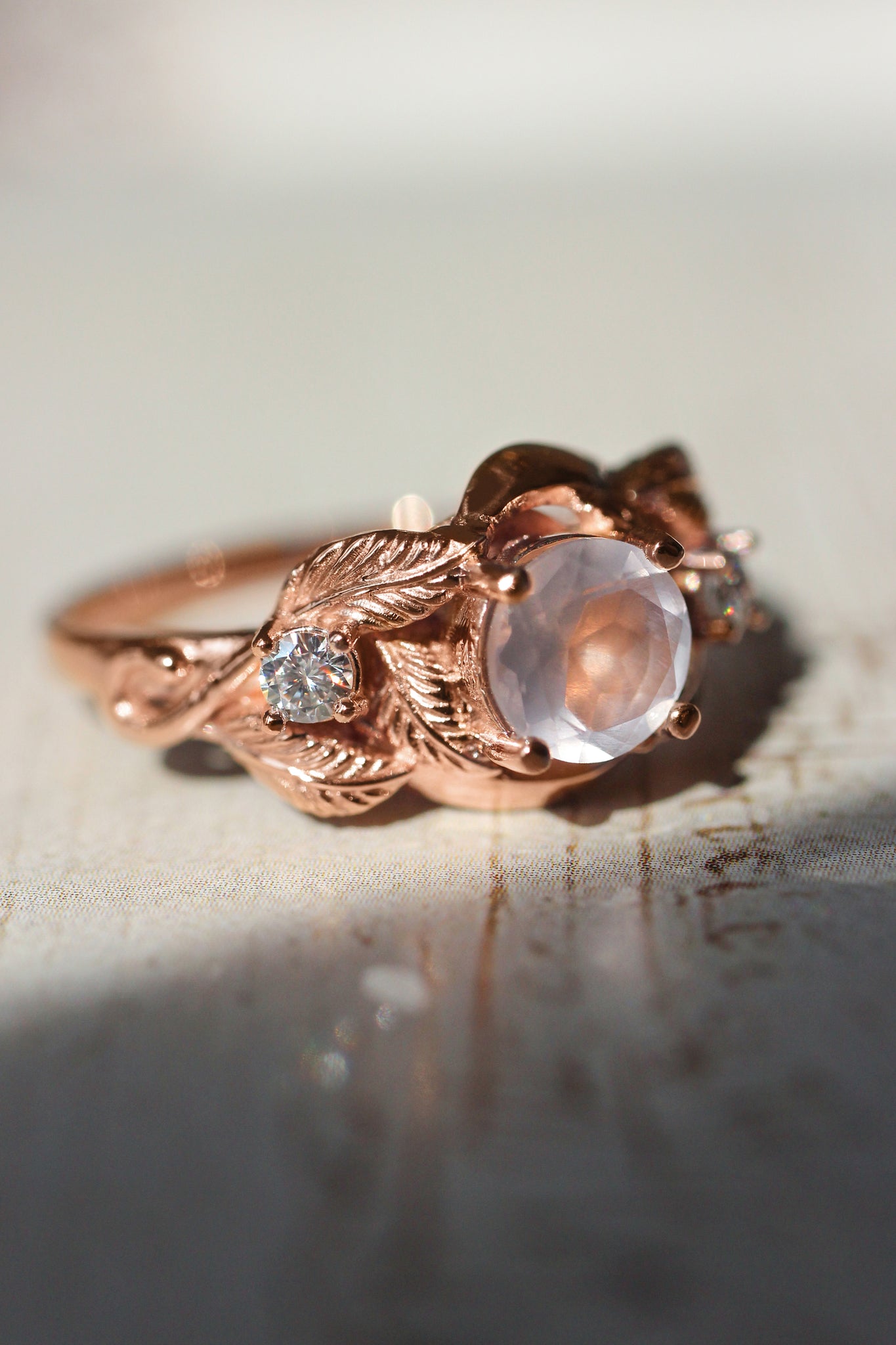 Rose quartz and diamonds engagement ring / Azalea - Eden Garden Jewelry™