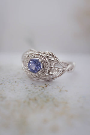 Leaf engagement ring with sapphire and diamonds / Tilia halo - Eden Garden Jewelry™