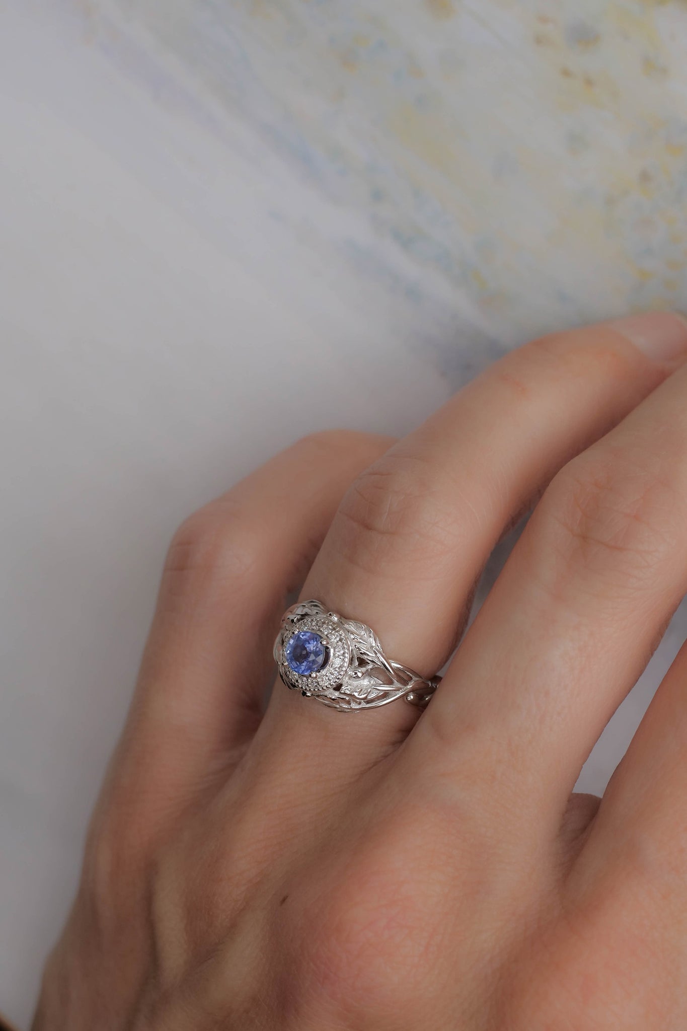 Leaf engagement ring with sapphire and diamonds / Tilia halo - Eden Garden Jewelry™