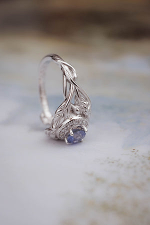 Leaf engagement ring with sapphire and diamonds / Tilia halo - Eden Garden Jewelry™