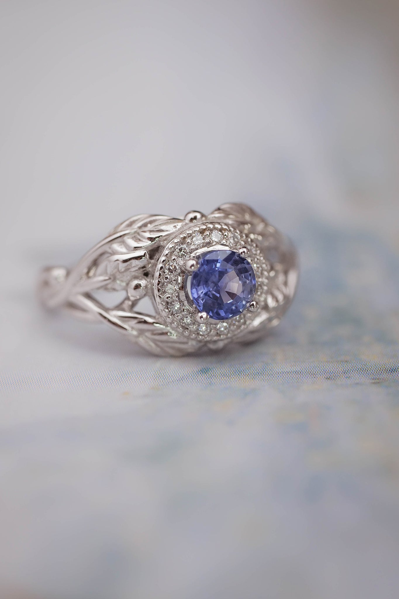 Tilia | leaf engagement ring setting with diamond halo - Eden Garden Jewelry™