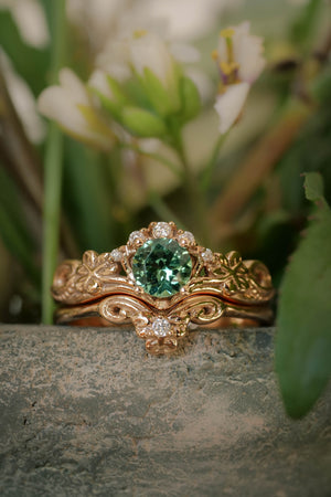 Mint green tourmaline bridal ring set with diamonds / Horta - Eden Garden Jewelry™