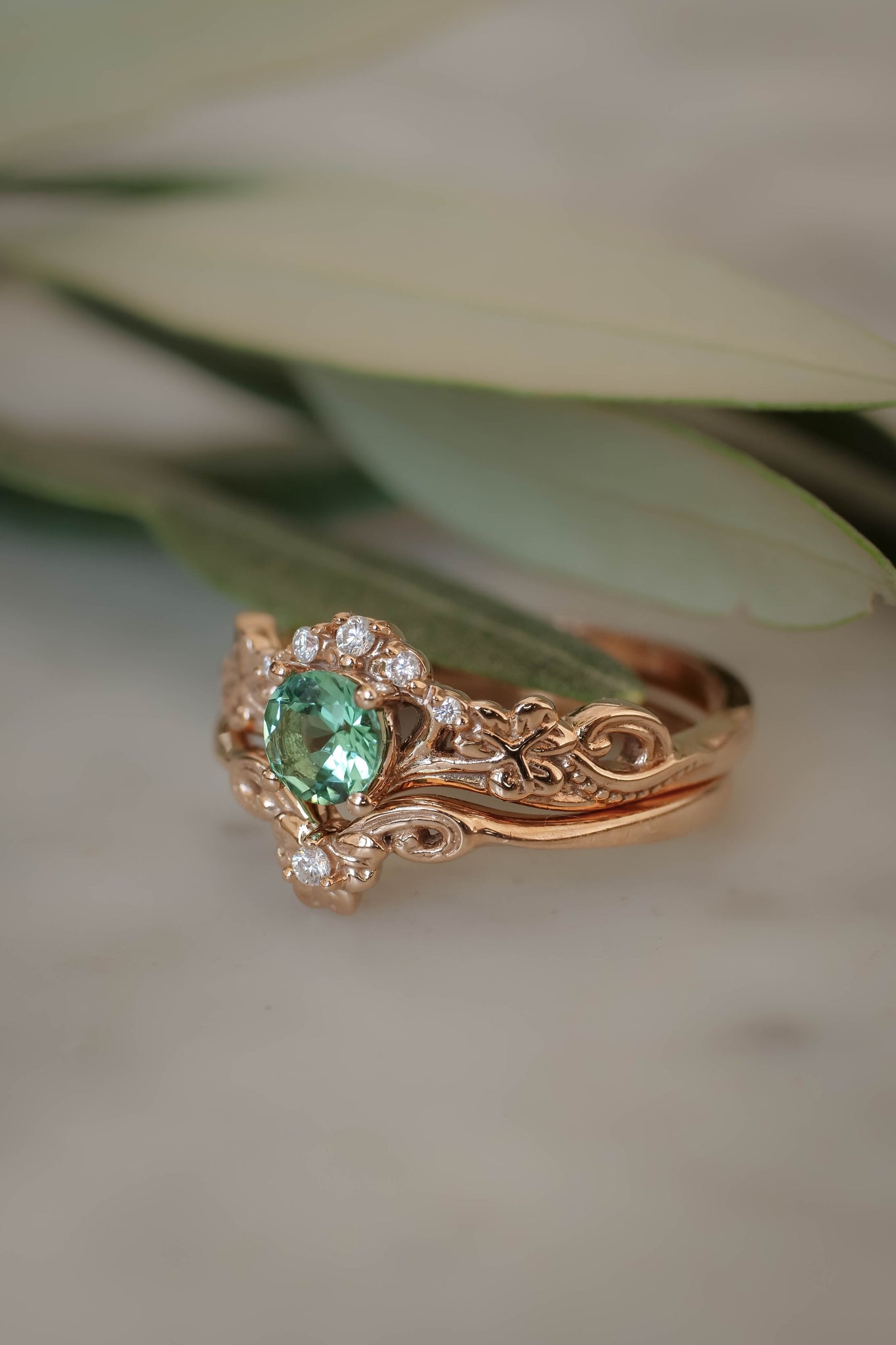 Mint green tourmaline bridal ring set with diamonds / Horta - Eden Garden Jewelry™