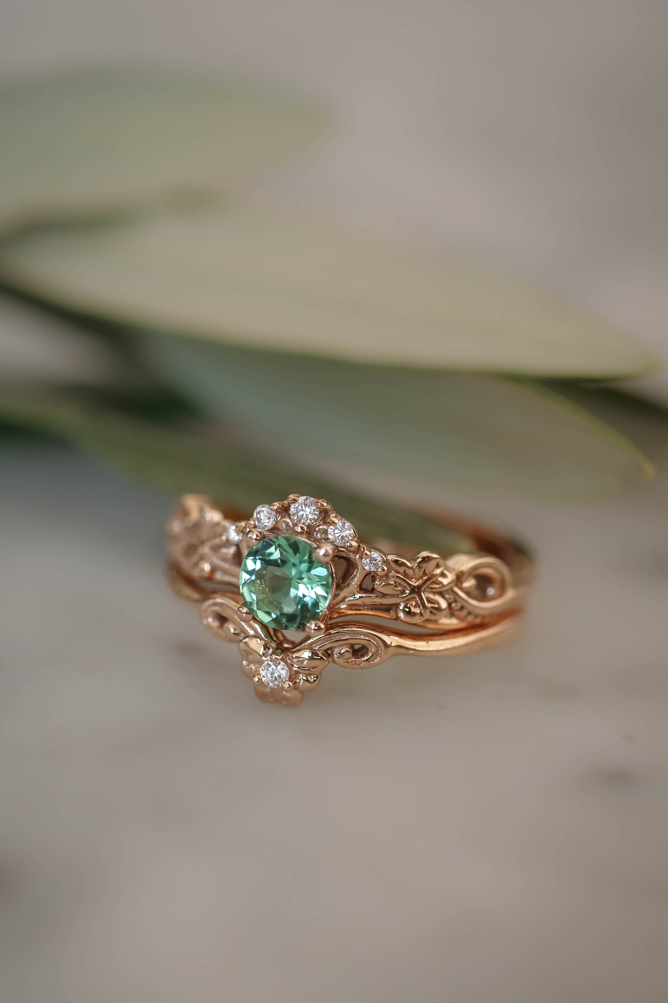 Mint green tourmaline bridal ring set with diamonds / Horta - Eden Garden Jewelry™