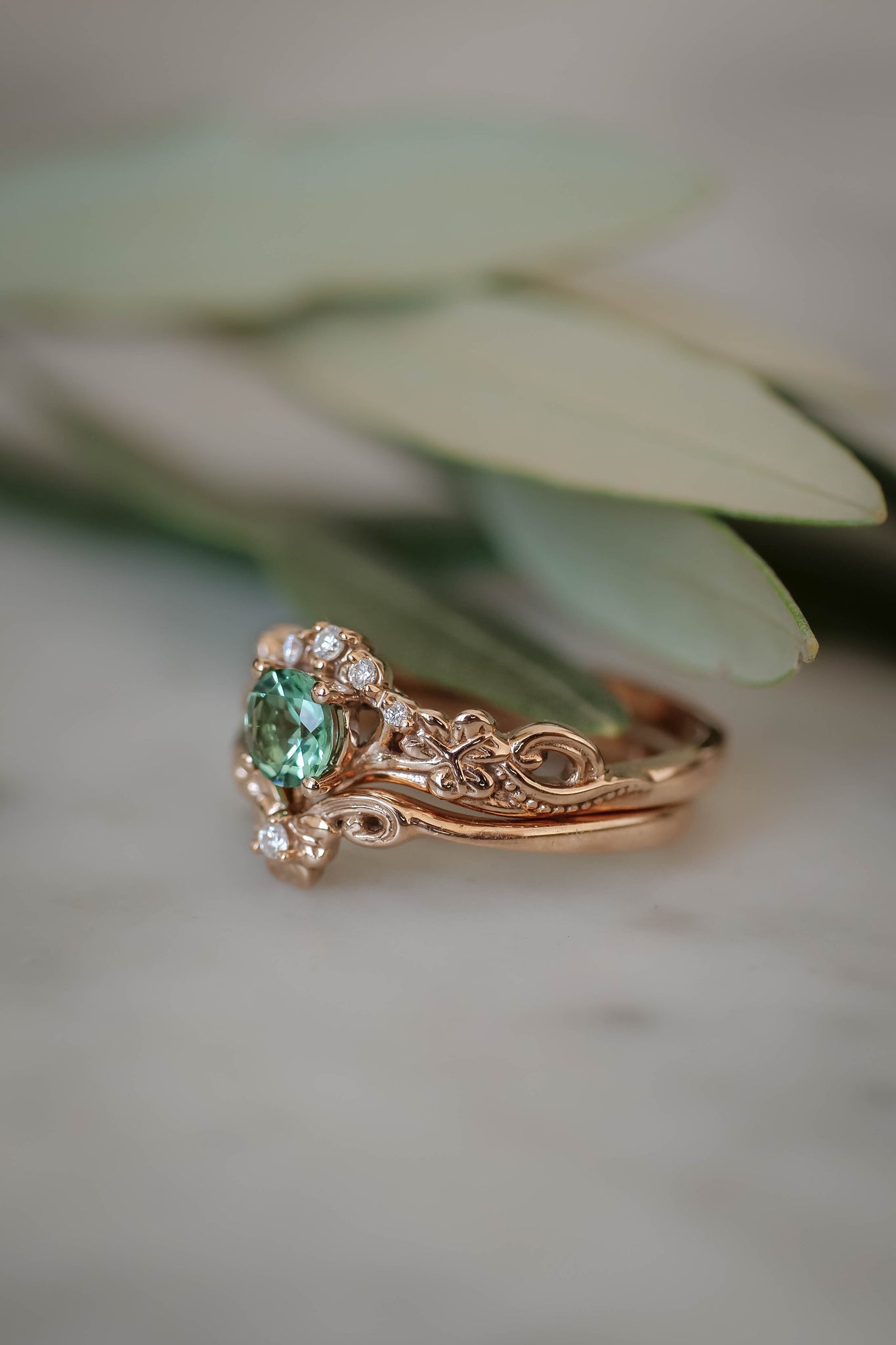 Mint green tourmaline bridal ring set with diamonds / Horta - Eden Garden Jewelry™