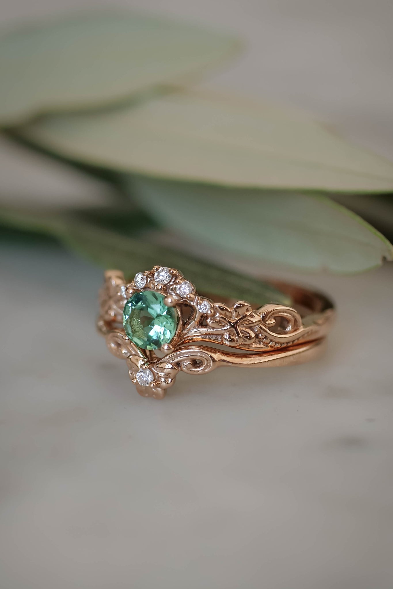 Mint green tourmaline bridal ring set with diamonds / Horta - Eden Garden Jewelry™