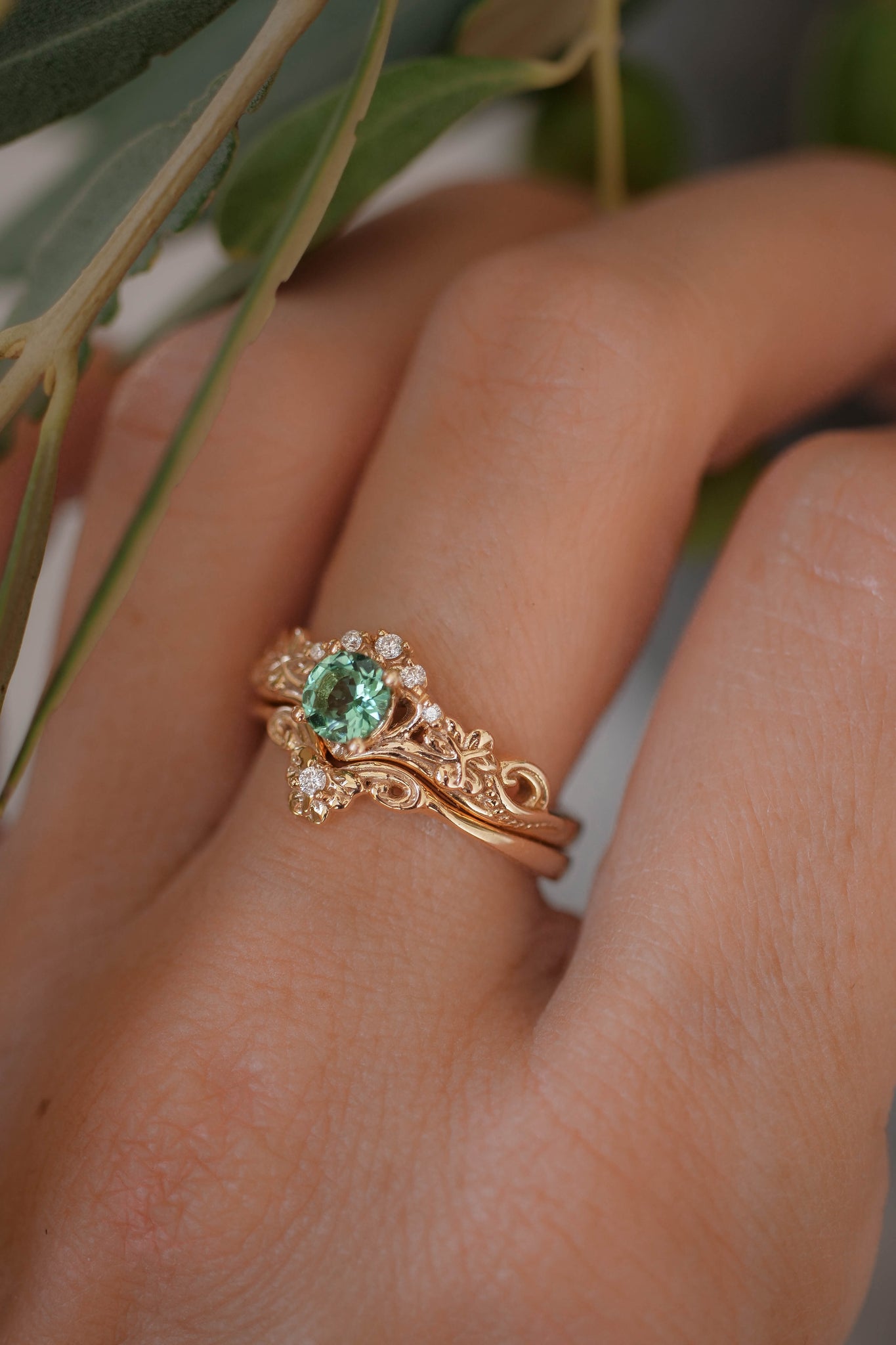 Mint green tourmaline bridal ring set with diamonds / Horta - Eden Garden Jewelry™