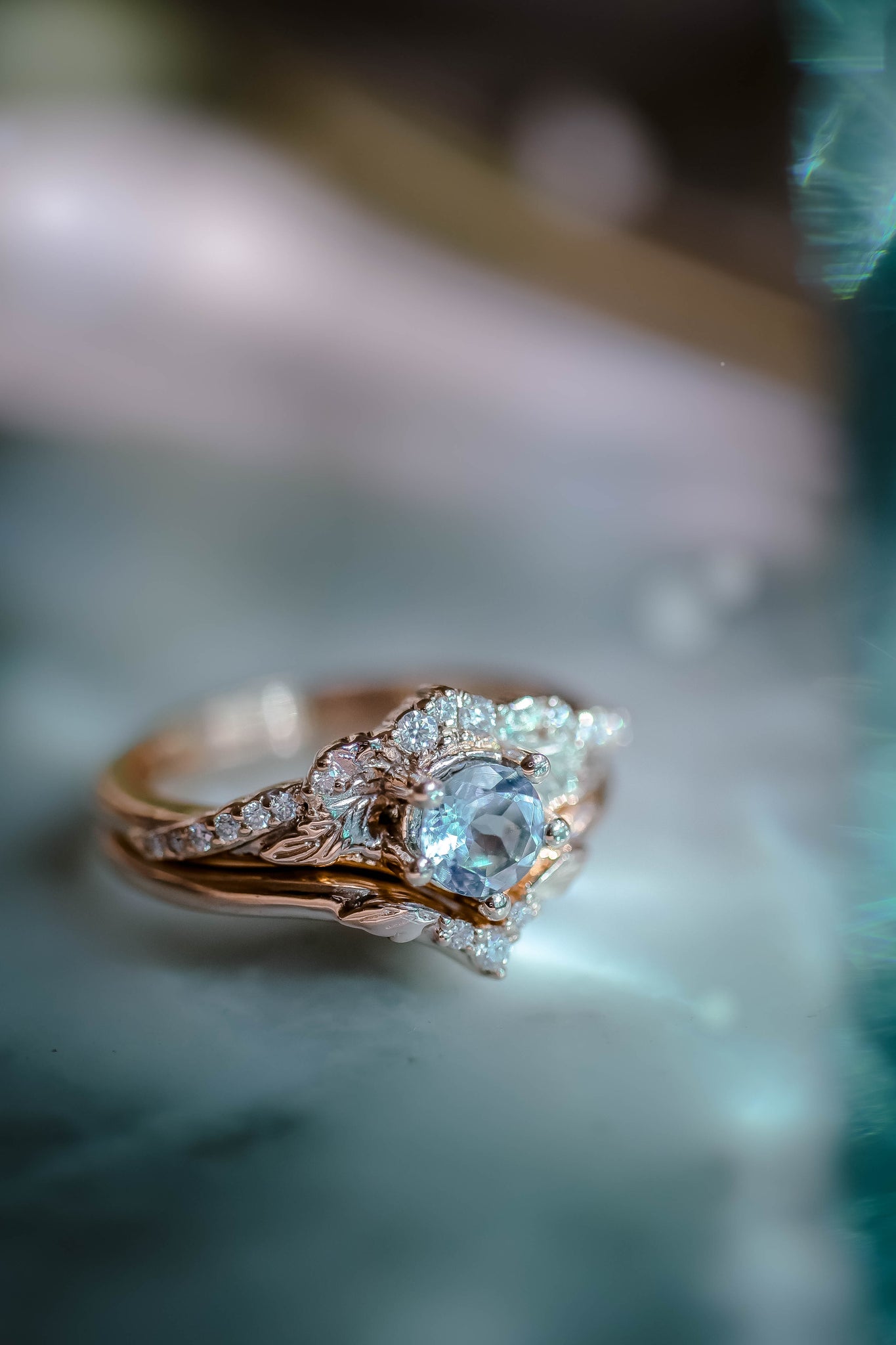 Aquamarine bridal ring set with diamonds / Amelia - Eden Garden Jewelry™