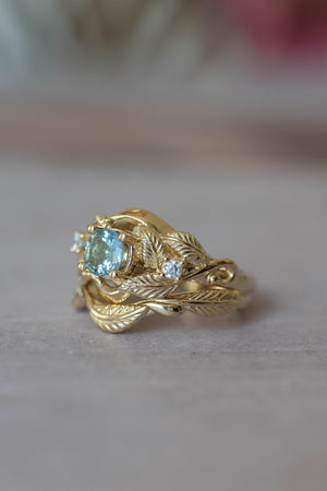 Leaves and vine bridal ring set with aquamarine / Azalea - Eden Garden Jewelry™