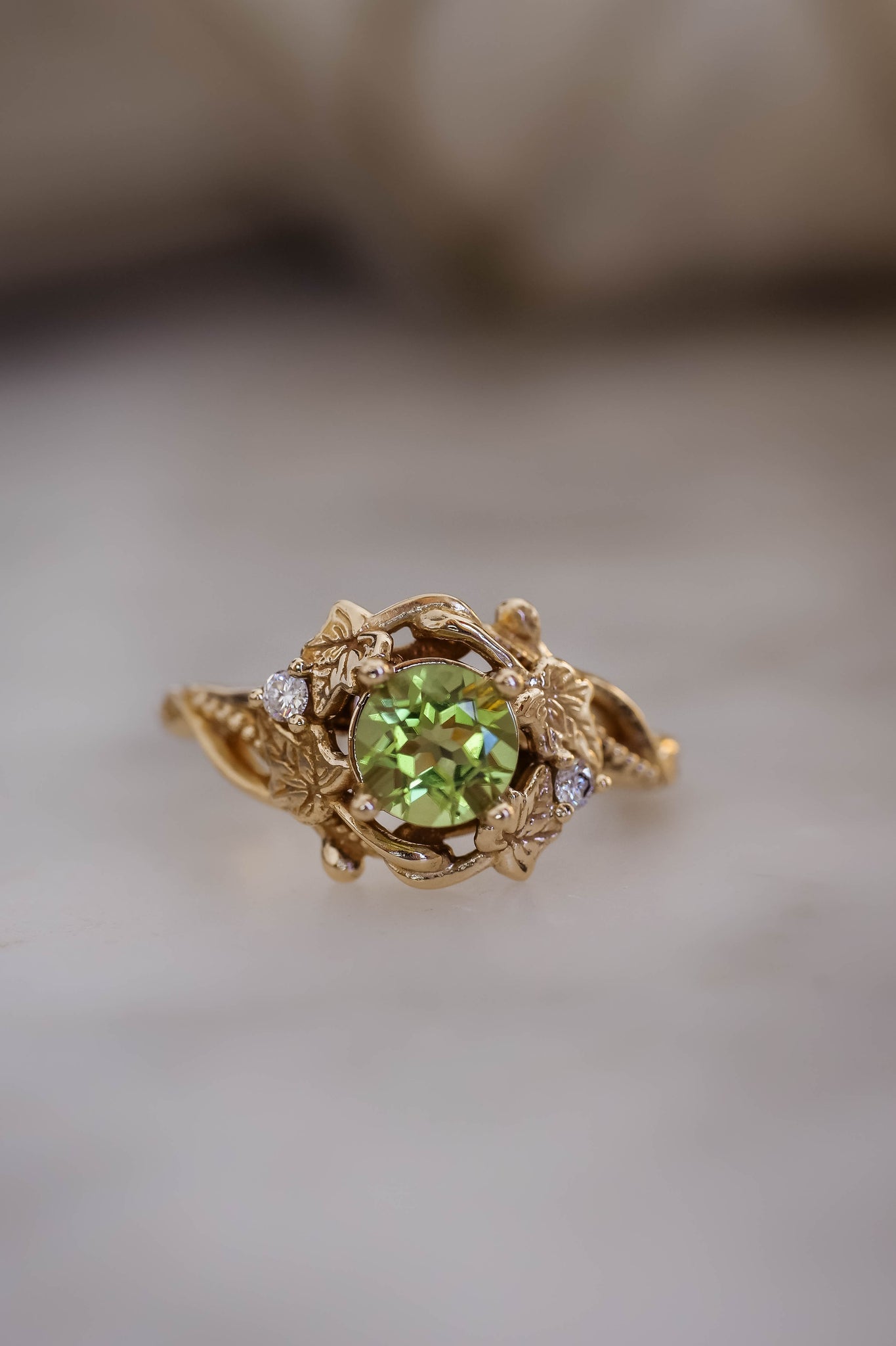 Peridot engagement ring with diamonds / Ivy Undina - Eden Garden Jewelry™