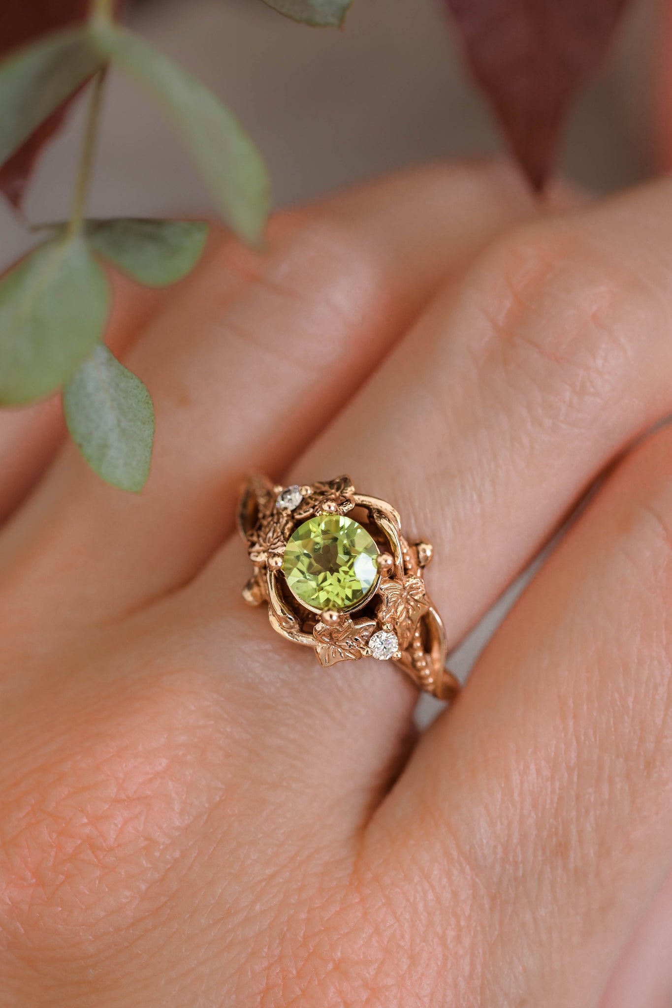 Peridot engagement ring with diamonds / Ivy Undina - Eden Garden Jewelry™