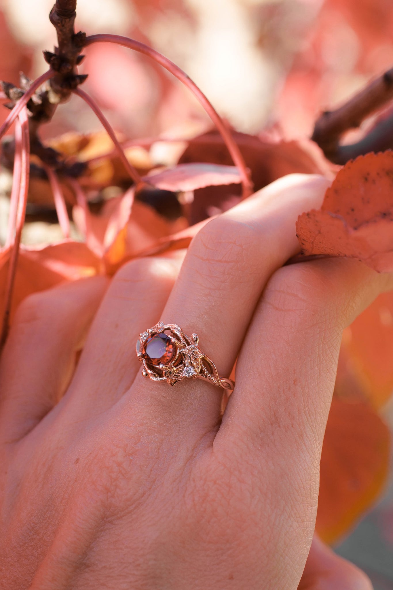 Garnet engagement ring with diamonds / Ivy Undina - Eden Garden Jewelry™