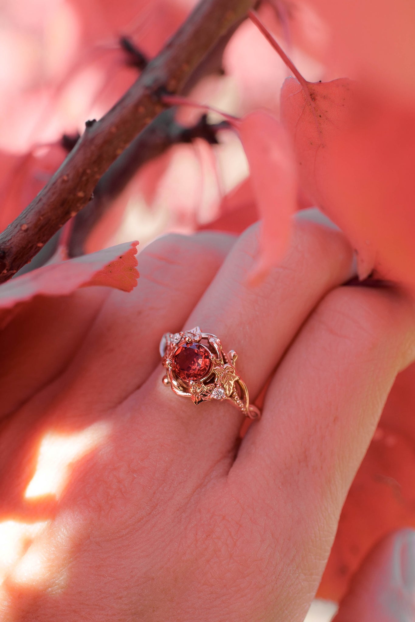 Garnet engagement ring with diamonds / Ivy Undina - Eden Garden Jewelry™