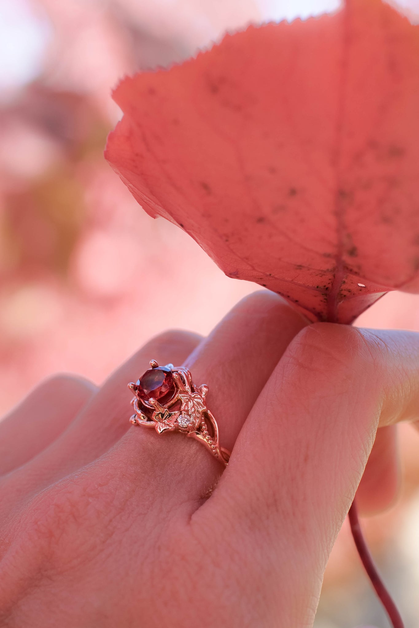 Garnet engagement ring with diamonds / Ivy Undina - Eden Garden Jewelry™