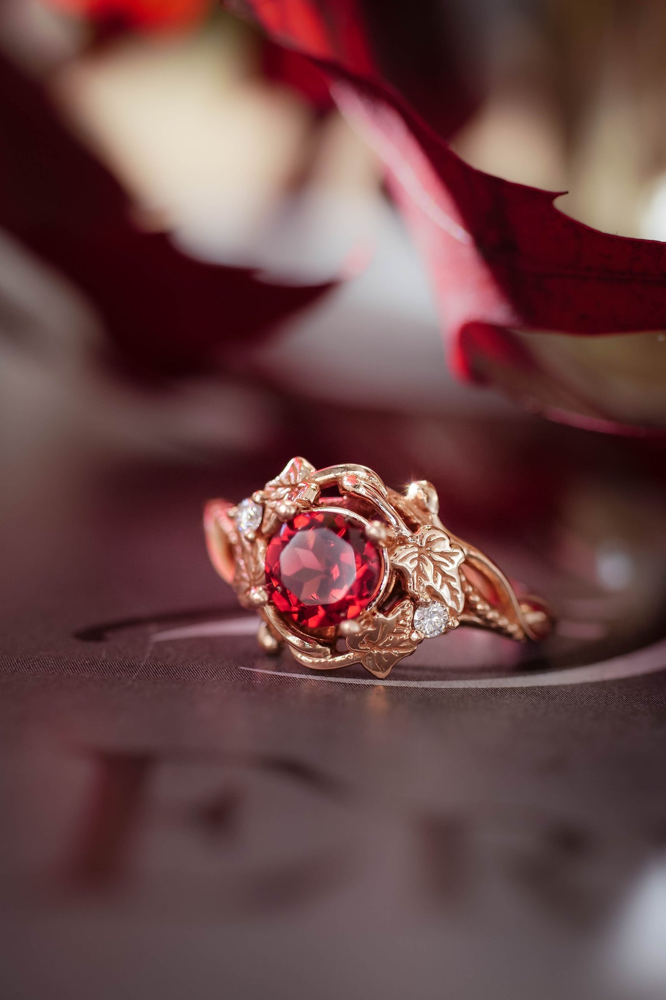 Garnet engagement ring with diamonds / Ivy Undina - Eden Garden Jewelry™