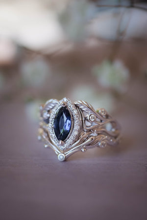 Art nouveau bridal ring set with natural sapphire and diamond halo / Callisto - Eden Garden Jewelry™