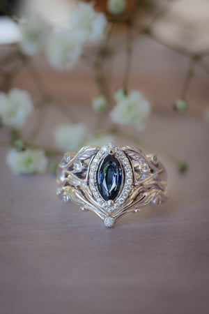 Art nouveau bridal ring set with natural sapphire and diamond halo / Callisto - Eden Garden Jewelry™