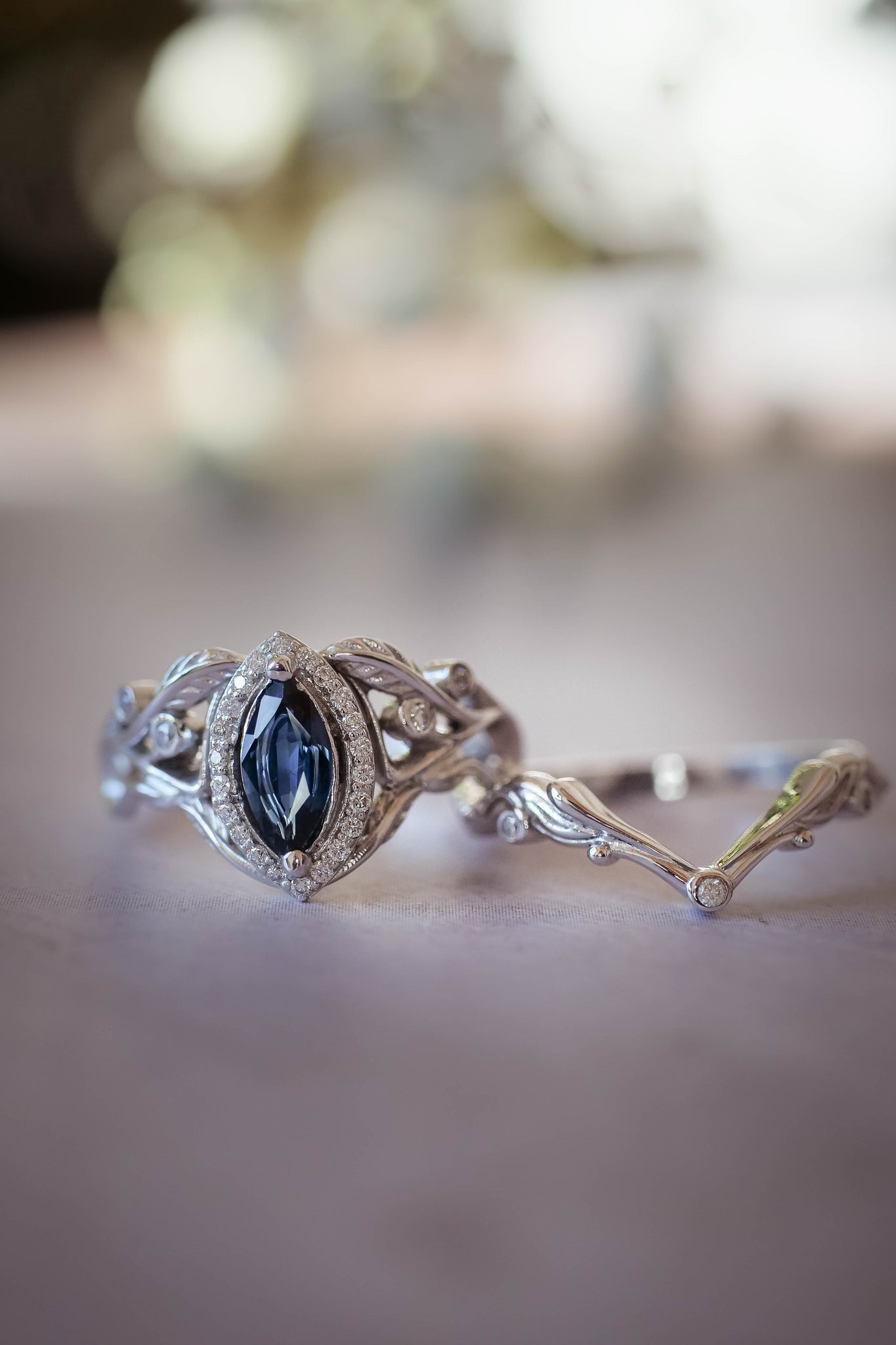 Art nouveau bridal ring set with natural sapphire and diamond halo / Callisto - Eden Garden Jewelry™