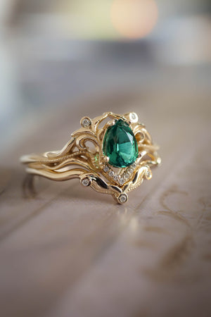 Art nouveau bridal ring set with lab emerald / Lida - Eden Garden Jewelry™