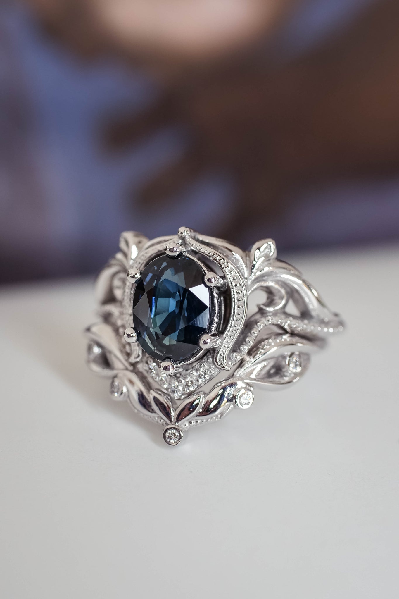 Art nouveau bridal ring set with natural sapphire / Lida oval - Eden Garden Jewelry™