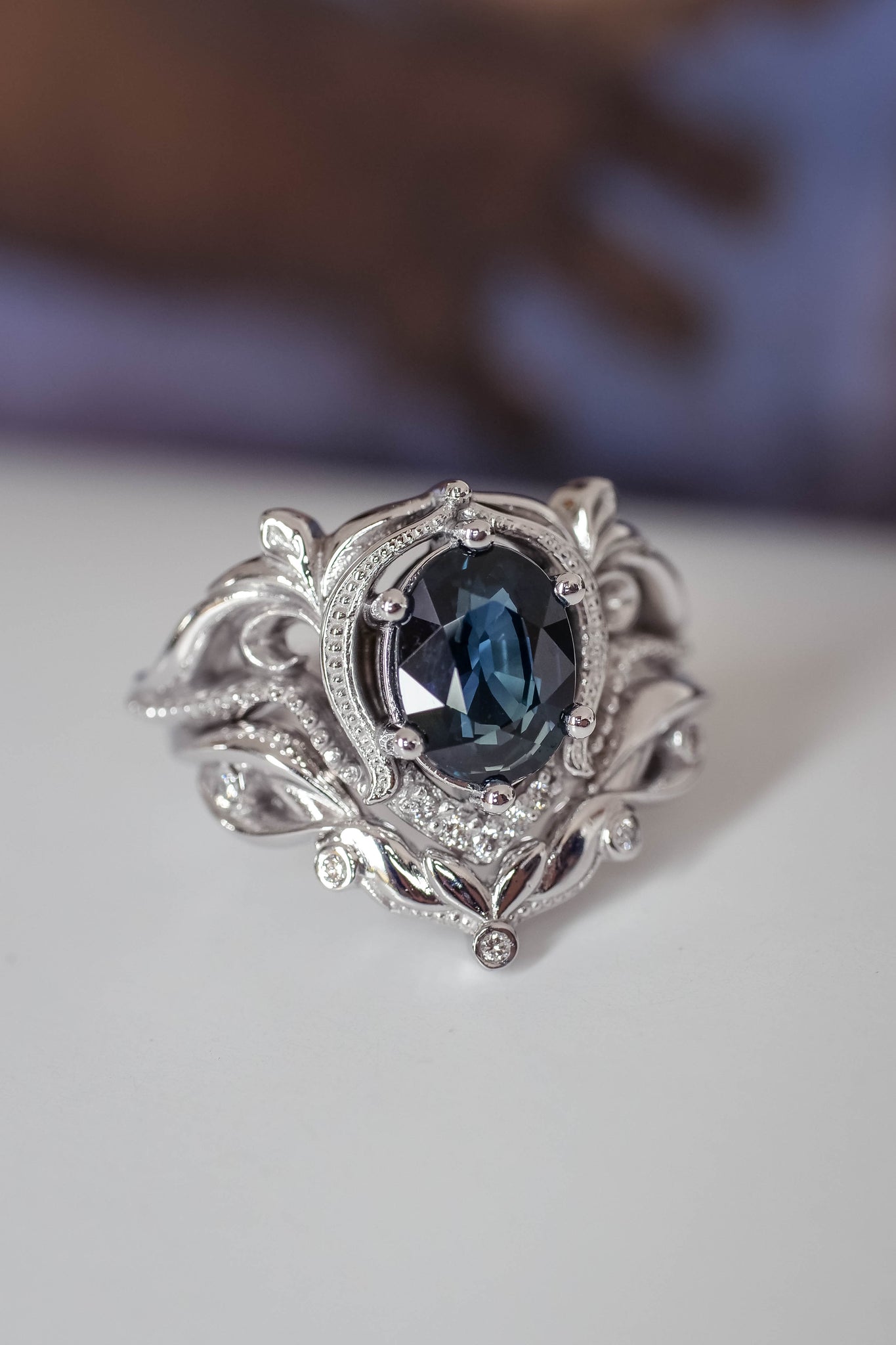 Art nouveau bridal ring set with natural sapphire / Lida oval - Eden Garden Jewelry™