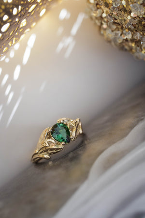 Gold leaf engagement ring with green tourmaline / Wisteria - Eden Garden Jewelry™