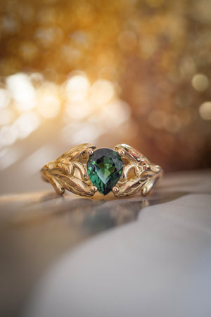 Gold leaf engagement ring with green tourmaline / Wisteria - Eden Garden Jewelry™