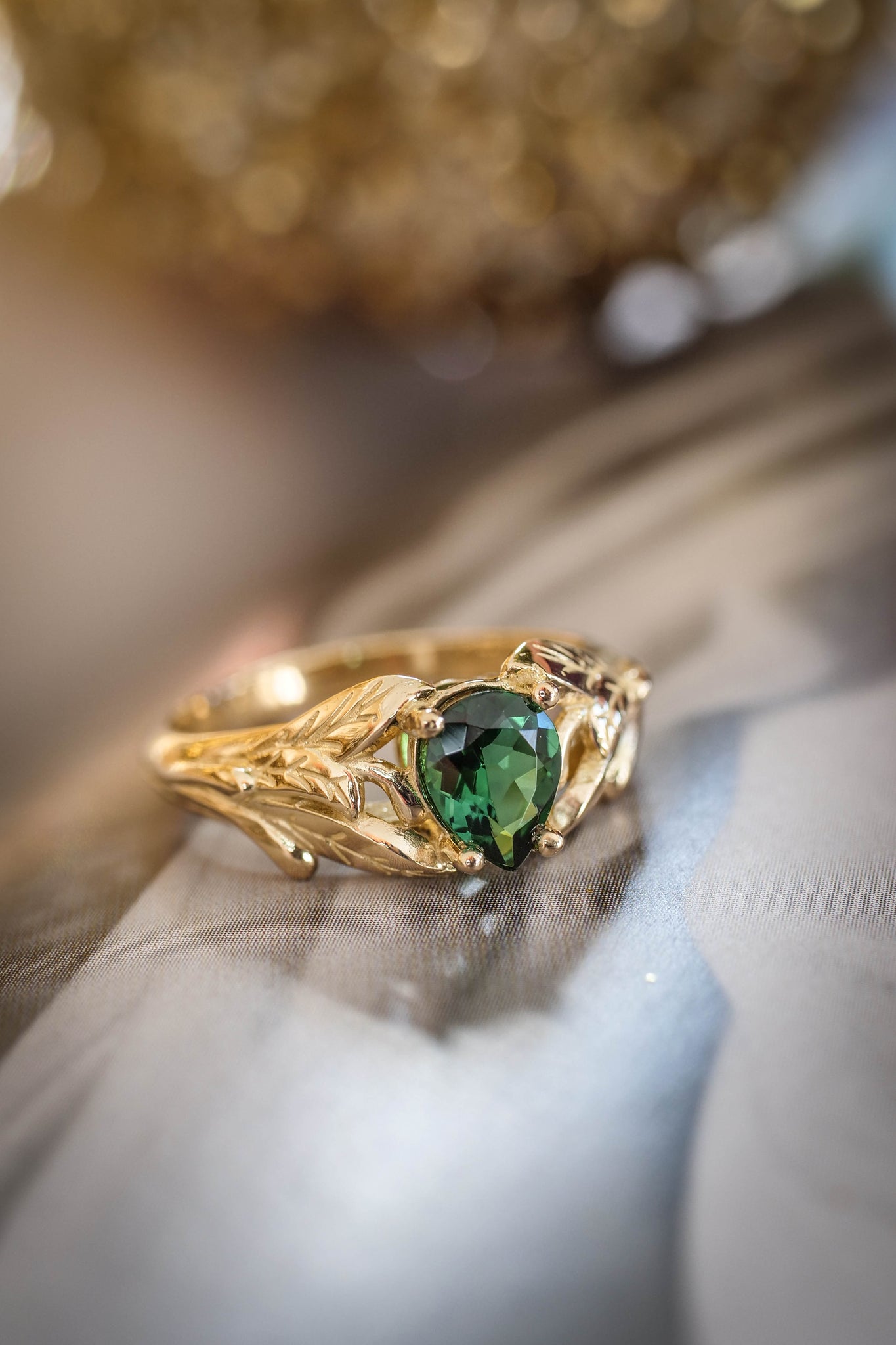 Gold leaf engagement ring with green tourmaline / Wisteria - Eden Garden Jewelry™