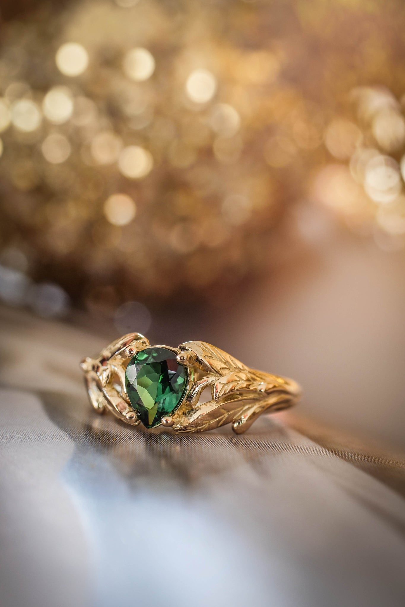 Gold leaf engagement ring with green tourmaline / Wisteria - Eden Garden Jewelry™