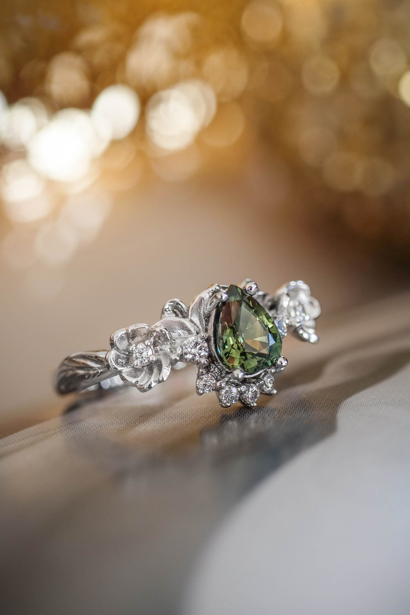 Green sapphire and diamonds ring, flower engagement ring / Adelina - Eden Garden Jewelry™